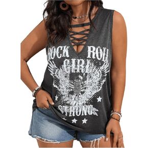 SOLY HUX Women's Plus Size Cutout Tank Top Vintage Sleeveless Shirts Summer V Neck Graphic Tops