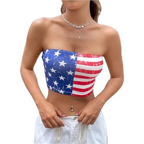 Women's American Flag Print Strapless Bandeau Top Cropper Casual Sleeveless Slim Fit Tube Crop Tops