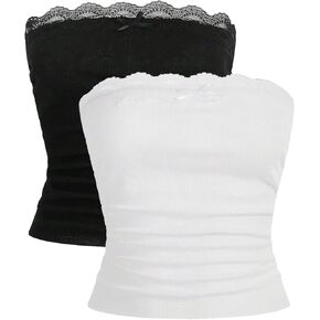 Floerns Women's 2 Pcs Contrast Lace Trim Strapless Ruched Crop Tube Top