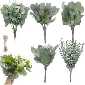 200 Pcs 6 Kinds Mixed Artificial Eucalyptus Leaves Stems Bulk Faux Silver Dollar Dried Eucalyptus Picks Greenery Leaves for DIY Floral Wedding Bouquet Arrangement Greenery Decoration
