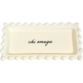 Sorority Shop Chi Omega Jewelry Dish - Rectangular Gloss Finish Ceramic tray with Sorority Name in Cursive Script, Multi-Function Ceramic Ring Dish, Ideal for Jewelry and Keys