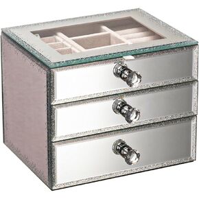 Jewelry Organizers and Storage, 3-Layer Glass Jewelry Box with 2 Drawers, Metal Handles, Jewelry Storage Box for Earring, Ring, Necklace, Bracelets