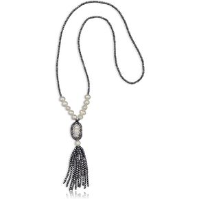 MGR MY GEMS ROCK! Cultured Fresh Water Pearl with Pearl-Druzy Pave Pendant and Hematite Tassel Necklace