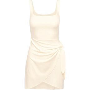 LuFeng Summer Sexy Square Neck Sleeveless Ruched Tie Waist Mini Dress for Women Party Club Tank Dress