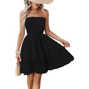 Women Sexy Tube Top Dress Strapless Mini Dress Ruffle Smocked High Waist Double Layered Cake Dresses