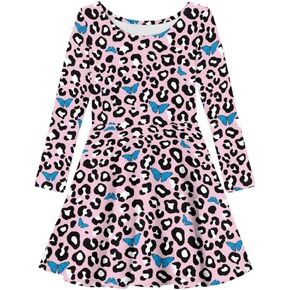 Pinupub Girl's Long Sleeve Dresses Multi-Color Plaid Leopard Graphic Simple Casual Round Neck T-Shirt Dress
