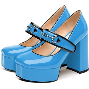 NUMALEO Mary Jane Shoes for Women Platform Mary Jane Heels High Chunky Block Closed Square Toe Strappy Pumps Patent Fashion Sexy Wedding Party Dress Shoes