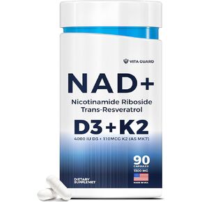 NAD Supplement with Vitamin D3 and K2 (as MK7) - NMN Supplement Alternative - Nicotinamide Riboside, Trans-Resveratrol for Anti-Aging, Energy - Vegetarian 60 Capsules, 1300mg