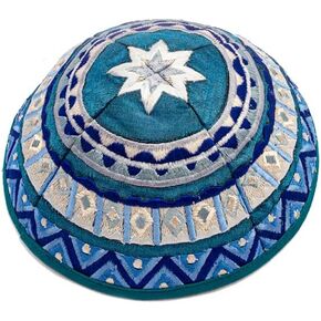 Yarmulke Kippah | Silk Embroidered Geometric Mosaic Pattern in Shades of Blue and Silver