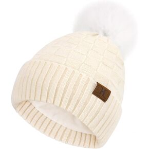 النساء قبعات شتوية متماسكة منقوشة بوم بوم بيني مترهل صوف مبطن المرأة قبعة الجمجمة قبعة الطقس البارد هدايا للنساء in Kuwait