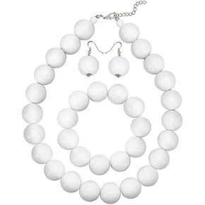 White Beads Necklace For Women, 3 PCS White Beads Choker Statement Adjustable Necklace White Unique Trendy Delicate Bracelet White Dainty Hypoallergenic Earring Set Christmas Birthday Anniversary Jewelry Gift