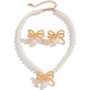 Dainty Pearl Jewelry Set for Women,14K Plated Gold/Silver Pearl Necklace and Earring Set Pearl Dangle Earrings-Pearl Bracelets-Pearl Choker Necklace Wedding Jewelry for Women Wife Bride Bridesmaid
