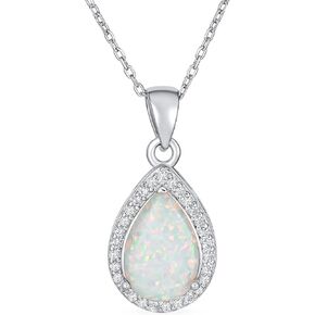 Bridal Antique Gemstone CZ Halo Solitaire Fire Orange White Created Opal Teardrop Oval Necklace Pendant Earring Jewelry Set For Women 14K Gold Plated.925 Sterling Silver