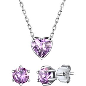 Suplight Dainty 925 Sterling Silver Birthstone Heart Crystal 6 Prong Necklace/Stud Earrings,June Minimalist BirthStone Necklaces Earrings Jewelry for Women (with Gift Box)