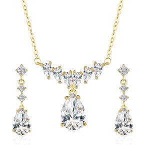 18K Gold Plated Cubic Zirconia Teardrop Dangle Earrings Bundle with Necklace