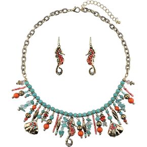 مجموعة أقراط قلادة Coiris Boho ذات الياقة الفيروزية مقاس 18 بوصة مع أقراط فرس البحر قلادة على شكل صدفة البحر (N0051) in Kuwait