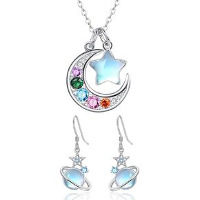 Dreamboat Crescent Moon Star Necklace Planet Earrings Sterling Silver Hook Drop Dangle Earrings Moonstone Pendant I Love You to The Moon and Back Necklace Moon Jewelry Gifts for Women