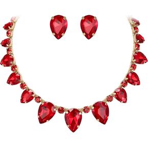 Flyonce Pear Shape Rhinestone Choker Necklace with Stud Earrings, Sparkly Crystal Wedding Party Costume Statement Jewelry Sets for Women