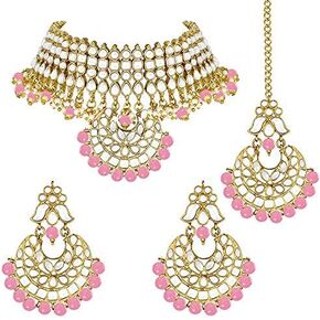Aheli Faux Pearl Faux Kundan Choker Necklace with Earrings Indian Traditional Bollywood Jewelry Set Gift for Women
