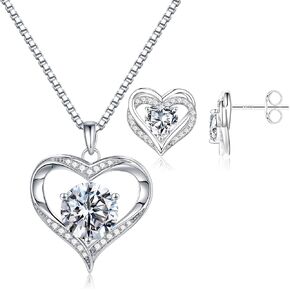 MOOSEA Moissanite Heart Pendant Necklace | Earrings for Women - 925 Sterling Silver Anniversary Jewelry for Wife Valentine's or Mothers Day Gifts for Her Moissanite Birthday Gifts for Women Wife