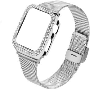 JOYOZY Stainless Steel bands Compatible For Apple Watch 40mm,Women Bling Protective Crystal Diamond Case with Loop Mesh Strap For Apple watch Series 6/SE/5/4 (No Tool Needed) (Rose Gold, 40MM)