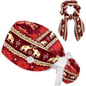Art Red Boho African Elephant Pattern Working Caps with Buttons, Long Hair Scrub Hats Ponytail Holder for Women