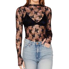 CYCLAMEN Mesh Printed Layering Top for Women Lace Undershirt Long Sleeve Mock Neck Floral Embroidery Sheer See Through Blouse