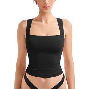 Women's Tank Top Square Neck Sleeveless Basic Double Lined Slim Fitted Crop Top