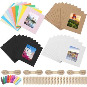 Swpeet 64Pcs Colorful 6 Inch Paper Photo Frames Set, Hanging Photo Display Frames, Cardboard Picture Frames, Colored/Khaki/White/Black Hanging Album Frame Each for 10Pcs, 20Pcs Clips, 4Pcs String