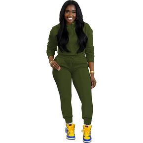 TOPSRANI ملابس نسائية مكونة من قطعتين بدلة رياضية ضيقة مع قلنسوة سادة للركض وراكبي الدراجات النارية وأكمام طويلة أطقم بناطيل أخضر M in Kuwait