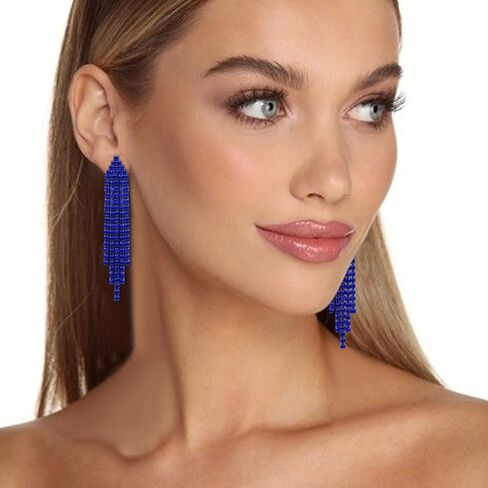 EleQueen Rhinestone Chandelier Statement Tassel Earrings for Women, Linear Drop Dangle Earrings Costume Jewelry Wedding Bridal Party Blue Blue-Tone in Kuwait