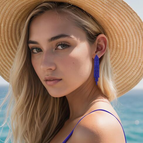 EleQueen Rhinestone Chandelier Statement Tassel Earrings for Women, Linear Drop Dangle Earrings Costume Jewelry Wedding Bridal Party Blue Blue-Tone in Kuwait