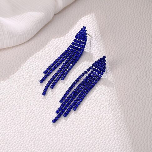 EleQueen Rhinestone Chandelier Statement Tassel Earrings for Women, Linear Drop Dangle Earrings Costume Jewelry Wedding Bridal Party Blue Blue-Tone in Kuwait