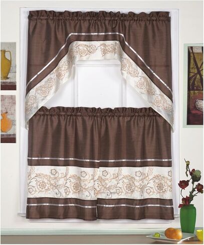 3pc Beige/Coffee with Embroidered Gold Floral Kitchen/cafe Curtain Tier and Swag Set in Saudi Arabia