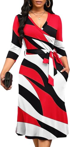 Runwind Women's Midi Dress,3/4 Sleeves V Neck Cocktail Party Dress Curvy Wrap Sexy Geometric Pattern Dresses with Belt in Saudi Arabia