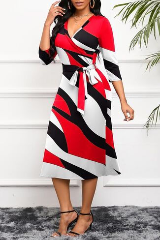 Runwind Women's Midi Dress,3/4 Sleeves V Neck Cocktail Party Dress Curvy Wrap Sexy Geometric Pattern Dresses with Belt in Saudi Arabia