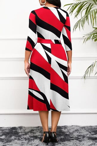 Runwind Women's Midi Dress,3/4 Sleeves V Neck Cocktail Party Dress Curvy Wrap Sexy Geometric Pattern Dresses with Belt in Saudi Arabia
