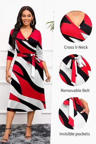 Runwind Women's Midi Dress,3/4 Sleeves V Neck Cocktail Party Dress Curvy Wrap Sexy Geometric Pattern Dresses with Belt in Saudi Arabia