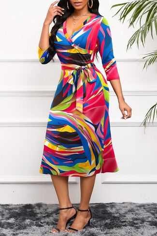 Runwind Women's Midi Dress,3/4 Sleeves V Neck Cocktail Party Dress Curvy Wrap Sexy Geometric Pattern Dresses with Belt in Saudi Arabia