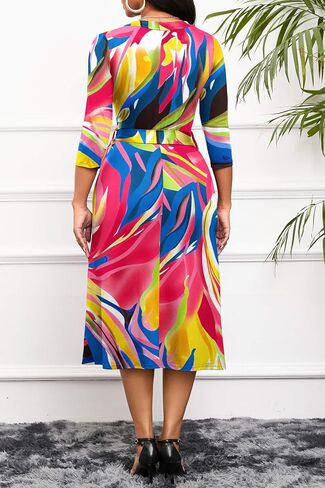 Runwind Women's Midi Dress,3/4 Sleeves V Neck Cocktail Party Dress Curvy Wrap Sexy Geometric Pattern Dresses with Belt in Saudi Arabia