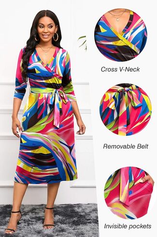 Runwind Women's Midi Dress,3/4 Sleeves V Neck Cocktail Party Dress Curvy Wrap Sexy Geometric Pattern Dresses with Belt in Saudi Arabia