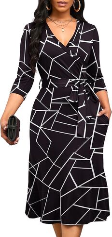 Runwind Women's Midi Dress,3/4 Sleeves V Neck Cocktail Party Dress Curvy Wrap Sexy Geometric Pattern Dresses with Belt in Kuwait