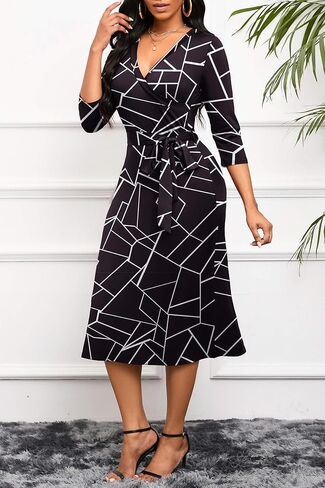 Runwind Women's Midi Dress,3/4 Sleeves V Neck Cocktail Party Dress Curvy Wrap Sexy Geometric Pattern Dresses with Belt in Kuwait