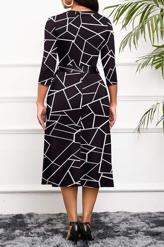 Runwind Women's Midi Dress,3/4 Sleeves V Neck Cocktail Party Dress Curvy Wrap Sexy Geometric Pattern Dresses with Belt in Kuwait