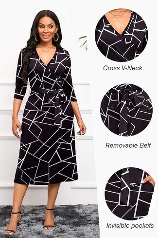 Runwind Women's Midi Dress,3/4 Sleeves V Neck Cocktail Party Dress Curvy Wrap Sexy Geometric Pattern Dresses with Belt in Kuwait