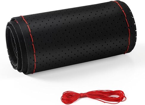 Genuine Leather Steering Wheel Cover, Stitch on Wrap, 15 Inch Steering Wheel Wrap Universal for Car Truck SUV, Breathable & Anti-Slip, DIY Sewing with Needle Thread (Black+Red) in Saudi Arabia