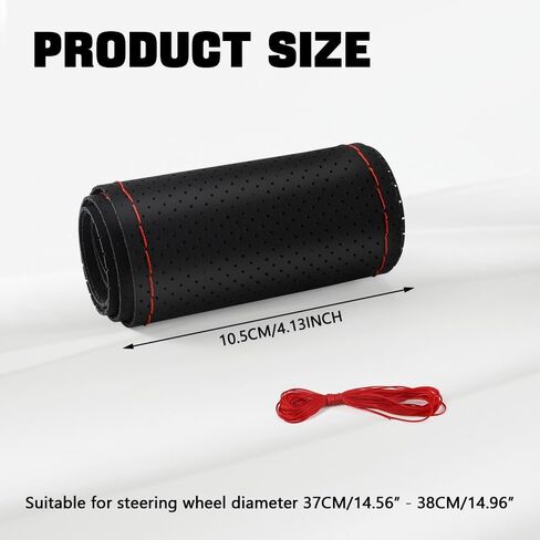Genuine Leather Steering Wheel Cover, Stitch on Wrap, 15 Inch Steering Wheel Wrap Universal for Car Truck SUV, Breathable & Anti-Slip, DIY Sewing with Needle Thread (Black+Red) in Saudi Arabia