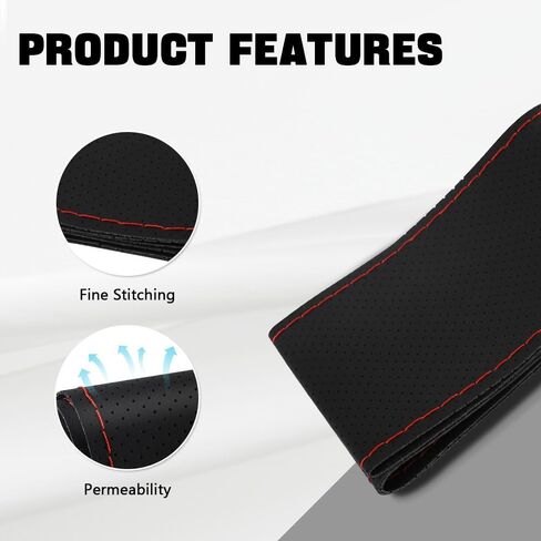 Genuine Leather Steering Wheel Cover, Stitch on Wrap, 15 Inch Steering Wheel Wrap Universal for Car Truck SUV, Breathable & Anti-Slip, DIY Sewing with Needle Thread (Black+Red) in Saudi Arabia