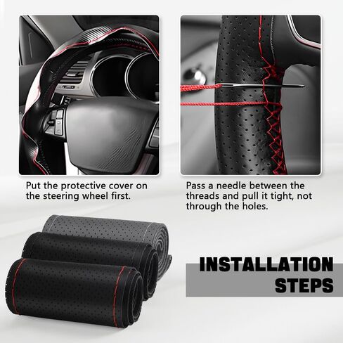 Genuine Leather Steering Wheel Cover, Stitch on Wrap, 15 Inch Steering Wheel Wrap Universal for Car Truck SUV, Breathable & Anti-Slip, DIY Sewing with Needle Thread (Black+Red) in Saudi Arabia