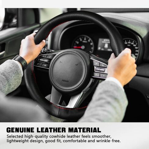 Genuine Leather Steering Wheel Cover, Stitch on Wrap, 15 Inch Steering Wheel Wrap Universal for Car Truck SUV, Breathable & Anti-Slip, DIY Sewing with Needle Thread (Black+Red) in Saudi Arabia